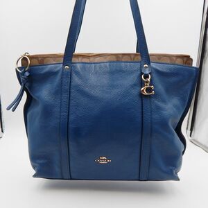 Coach May Tote 1575 Blue Marine Signature Canvas Accent Pebbled Leather
